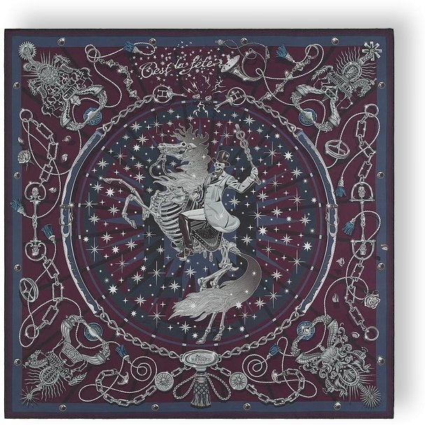 Hermes Prune/Gris/Marine C'EST LA FETE by Daiske Nomura DOUBLE FACE Twill Scarf 90cm, BNWTIB! - poupishop