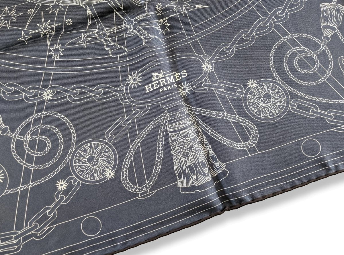 Hermes Prune/Gris/Marine C'EST LA FETE by Daiske Nomura DOUBLE FACE Twill Scarf 90cm, BNWTIB! - poupishop
