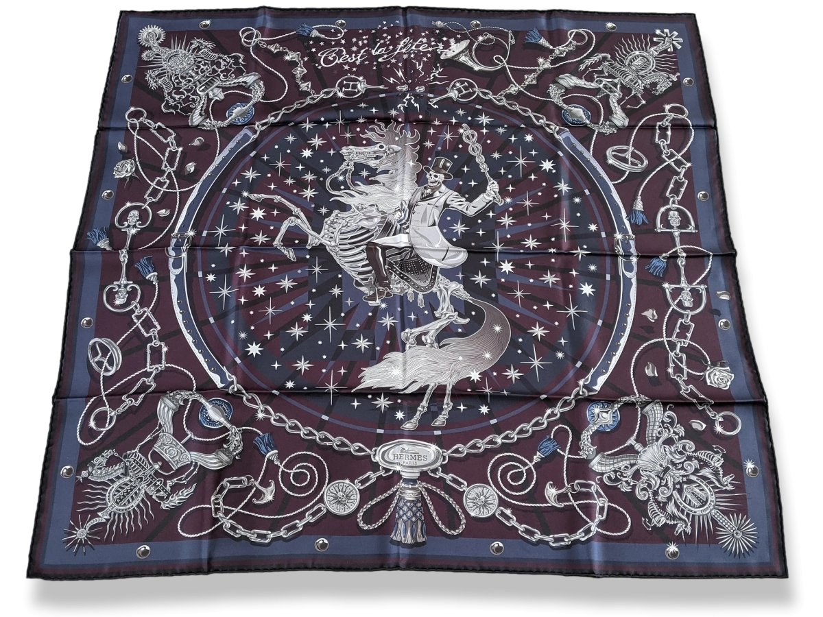 Hermes Prune/Gris/Marine C'EST LA FETE by Daiske Nomura DOUBLE FACE Twill Scarf 90cm, BNWTIB! - poupishop