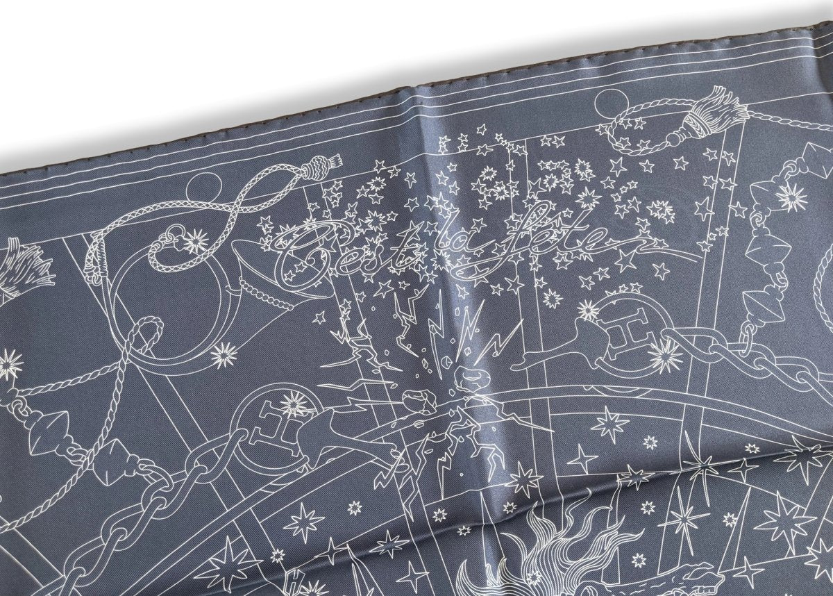 Hermes Prune/Gris/Marine C'EST LA FETE by Daiske Nomura DOUBLE FACE Twill Scarf 90cm, BNWTIB! - poupishop