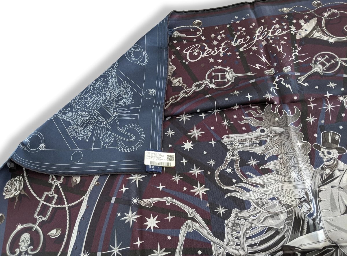 Hermes Prune/Gris/Marine C'EST LA FETE by Daiske Nomura DOUBLE FACE Twill Scarf 90cm, BNWTIB! - poupishop