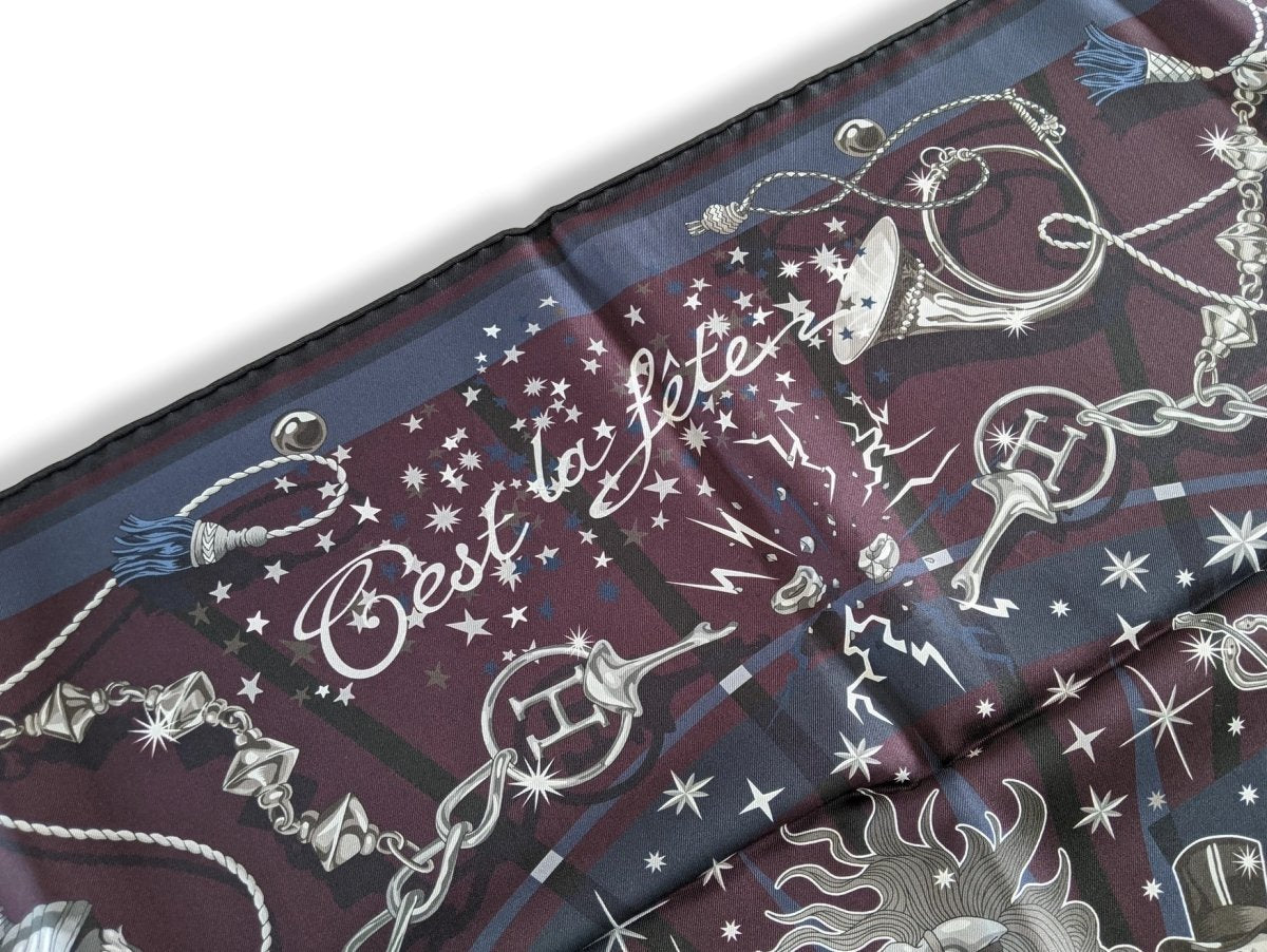 Hermes Prune/Gris/Marine C'EST LA FETE by Daiske Nomura DOUBLE FACE Twill Scarf 90cm, BNWTIB! - poupishop