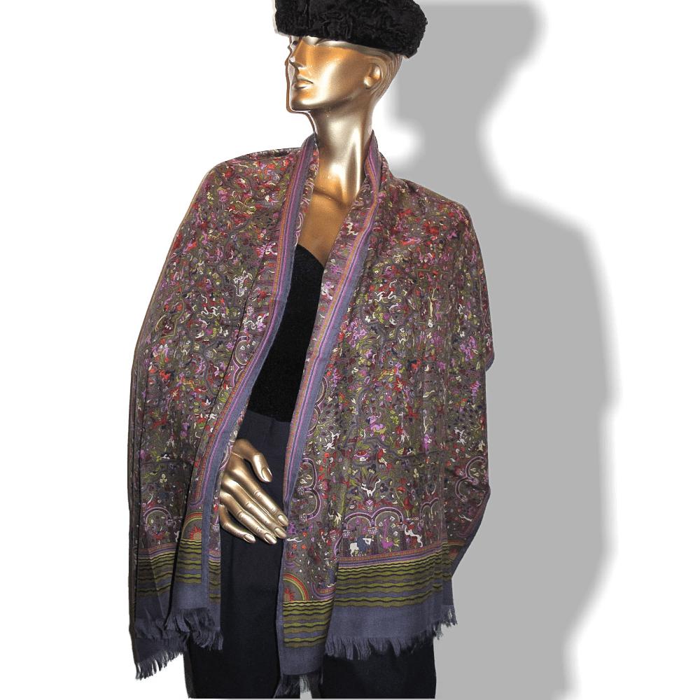Hermes Purple Olive Jardins d' Armenie Cashmere Fringed Stole, New! - poupishop