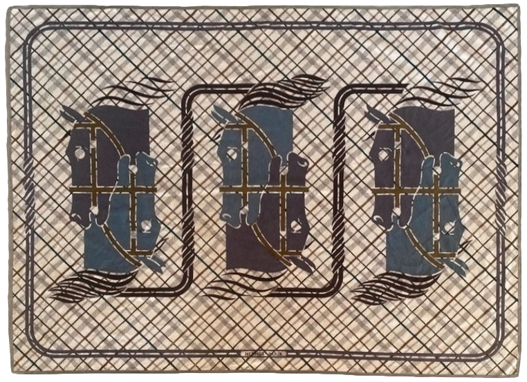 Hermes Bleu/Beige "Quadrige" by Pierre Peron Cashmere Blanket Plaid XXL 140 x 185 cm