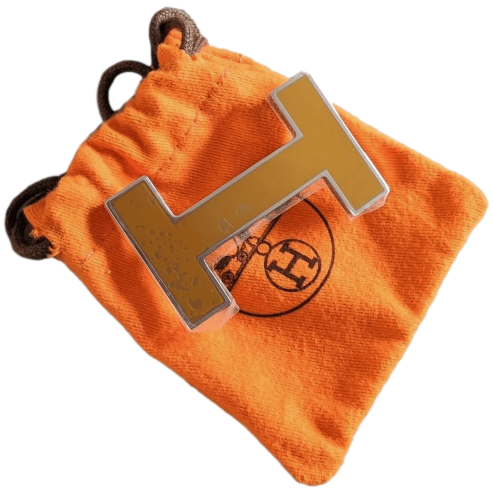 Hermes [66] Caramel Ochre Lacquered Enamel & Palladium QUIZZ Belt Buckle H 32 mm
