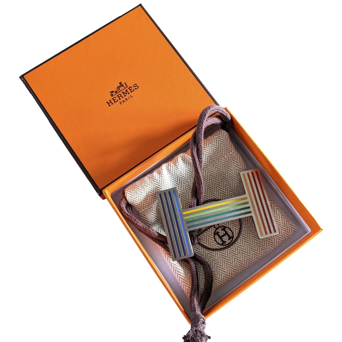 Hermes [100] Multicolore Brushed Palladium "Quizz Rainbow" Belt Buckle 38 mm