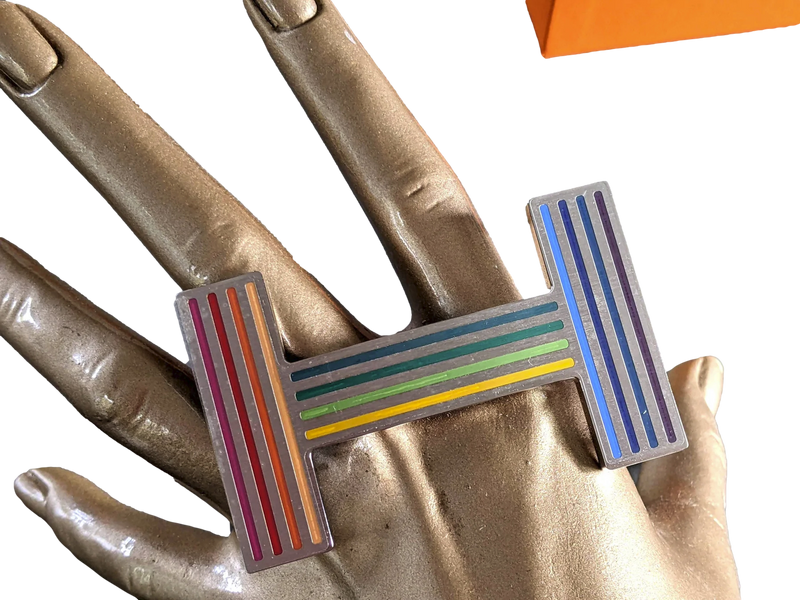 Hermes [100] Multicolore Brushed Palladium "Quizz Rainbow" Belt Buckle 38 mm