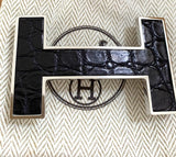 Hermes Rare Black Crocodile Alligator Belt Buckle QUIZZ MARQUETE 32 MM, New with Pochette and Box! - poupishop