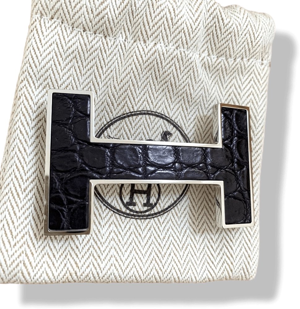 Hermes Rare Black Crocodile Alligator Belt Buckle QUIZZ MARQUETE 32 MM, New with Pochette and Box! - poupishop