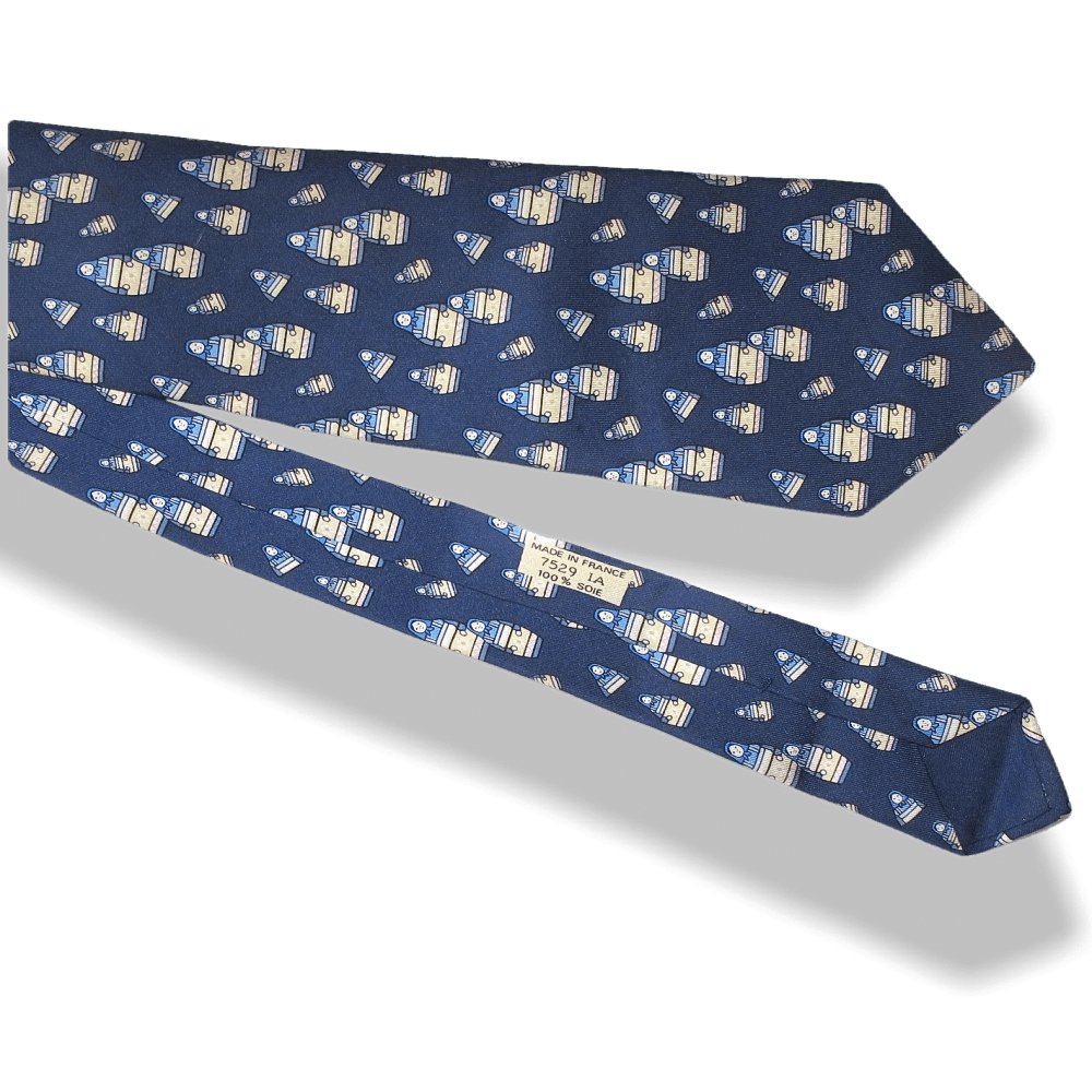 Hermes Rare Vintage Blue Poupees Russes Matriochkas Doll Twill Silk Tie 7529 IA - poupishop