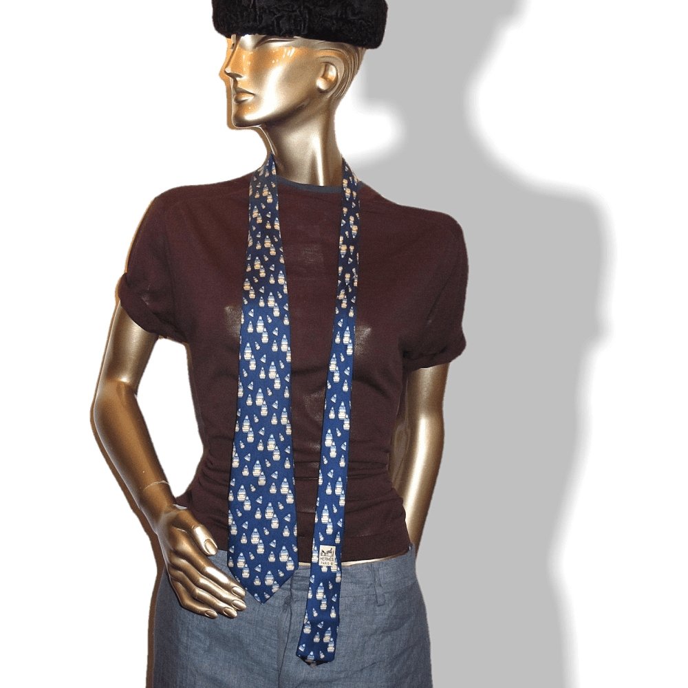 Hermes Rare Vintage Blue Poupees Russes Matriochkas Doll Twill Silk Tie 7529 IA - poupishop