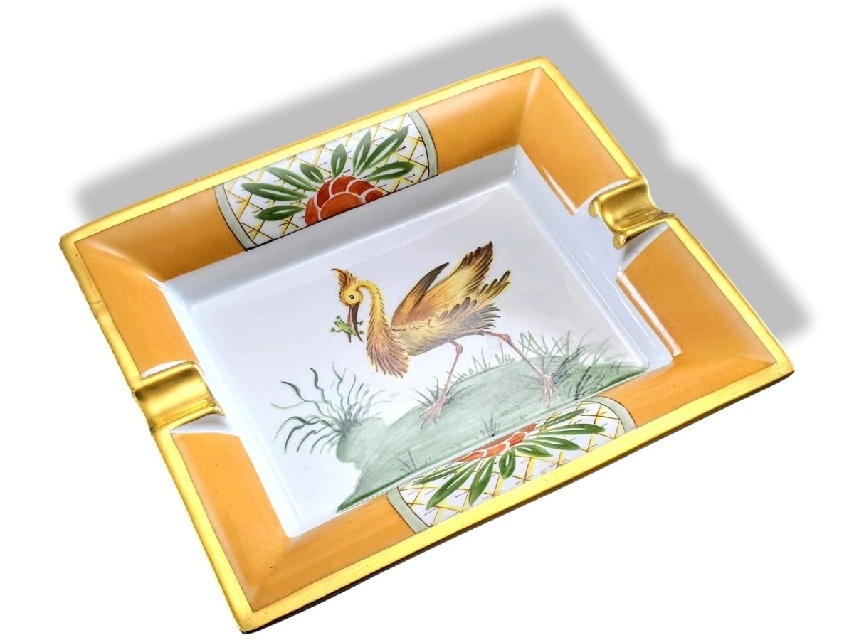 Hermes Rare vintage Gilded with fine gold BIRD Mdme la Torre Limoges Porcelain Cigar Ashtray GM, Superb! - poupishop