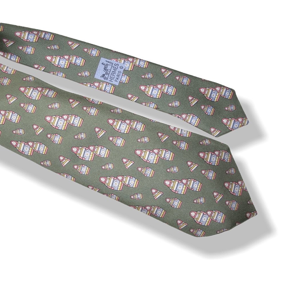 Hermes Rare Vintage Lovely Green Poupees Russes Matriochkas Doll Twill Silk Tie, New! - poupishop