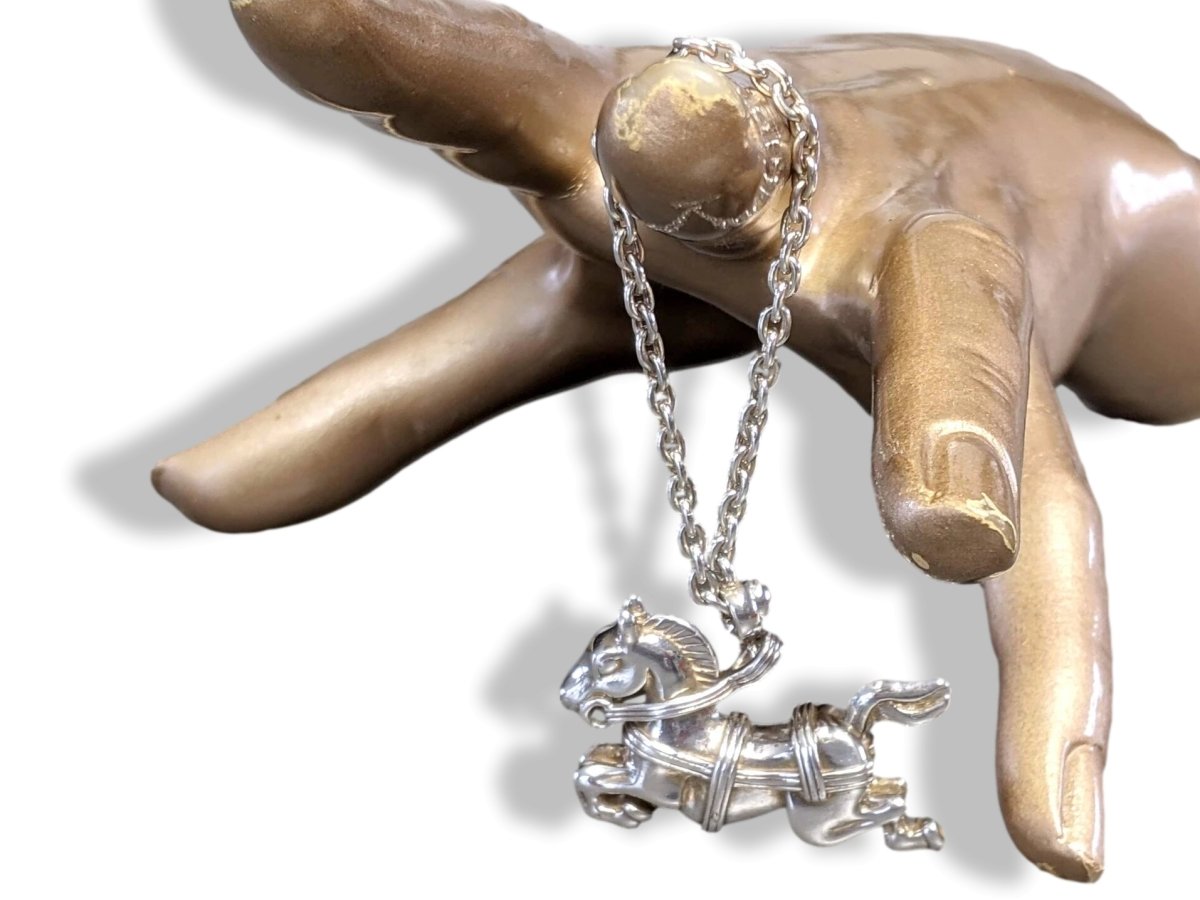 Hermes RARE Vintage Sterling Jumping Horse CARROUSEL Keychain Bag Charm, Box! - poupishop