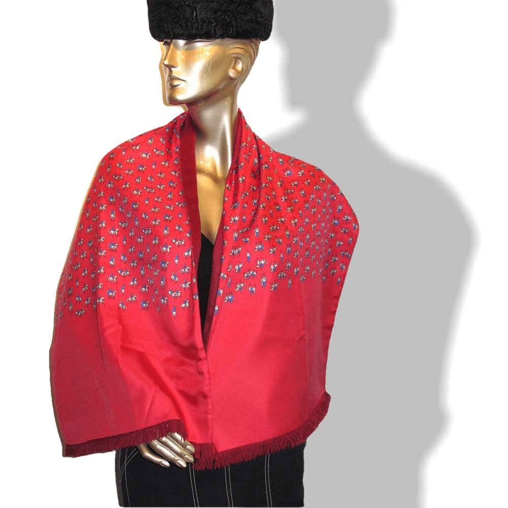 Hermes Raspberry Burgundy Equistrian 100% Silk and Angora Fringed Stole 17"x 57", New! - poupishop