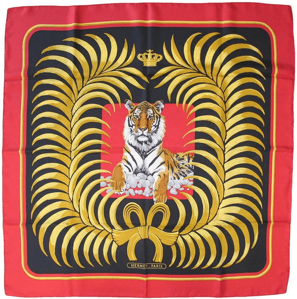 Hermes Red Black Gold Tigre Royal by Christiane Vauzelles Blanc Matt Overlay Twill 90cm, Box! - poupishop