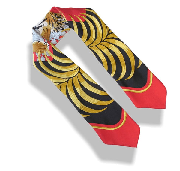Hermes Red Black Gold Tigre Royal by Christiane Vauzelles Blanc Matt Overlay Twill 90cm, Box! - poupishop