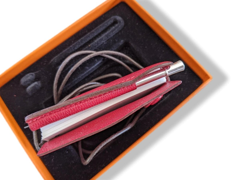Hermes Red Chevre Mysore Goat Leather Notepad Pendant with Silver Criterium Pencil, BNIB! - poupishop