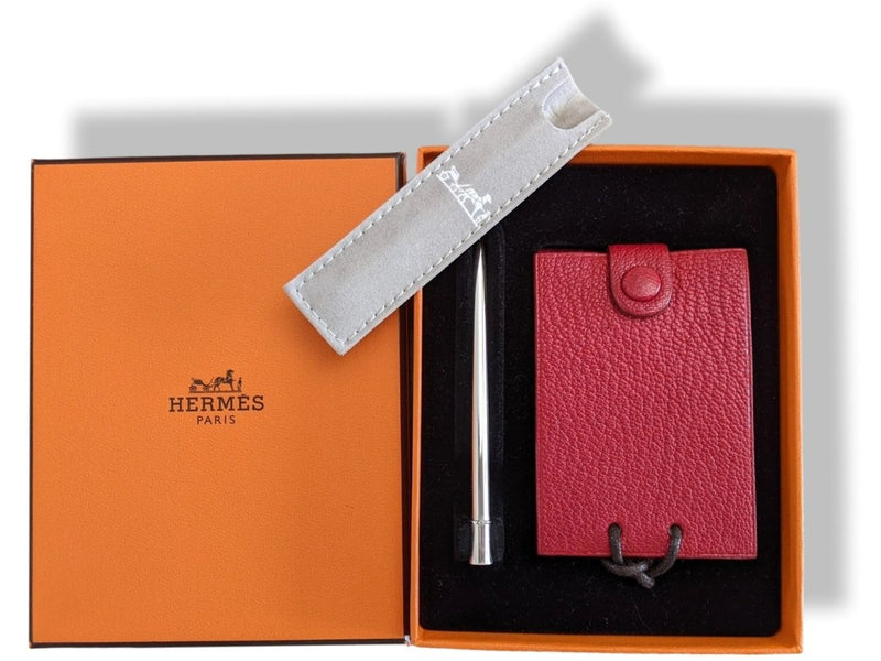 Hermes Red Chevre Mysore Goat Leather Notepad Pendant with Silver Criterium Pencil, BNIB! - poupishop