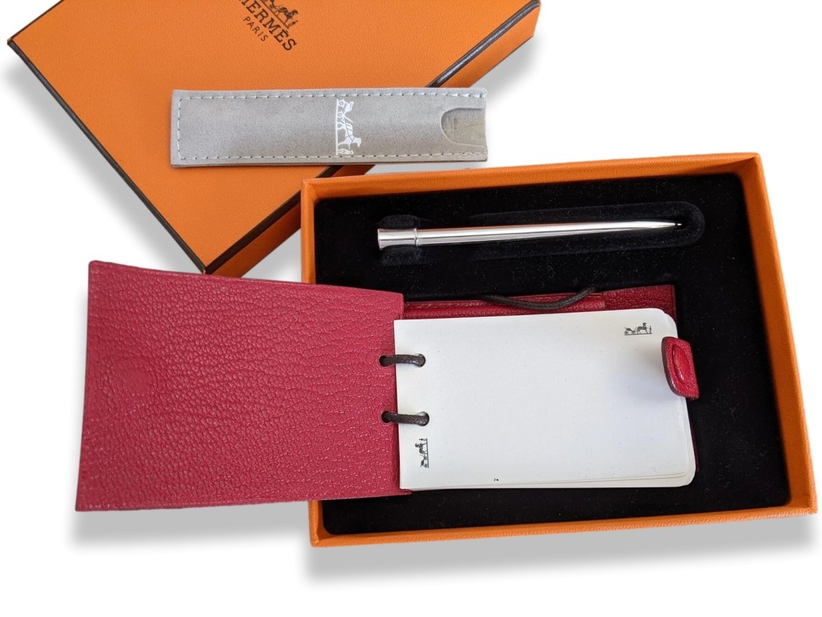 Hermes Red Chevre Mysore Goat Leather Notepad Pendant with Silver Criterium Pencil, BNIB! - poupishop