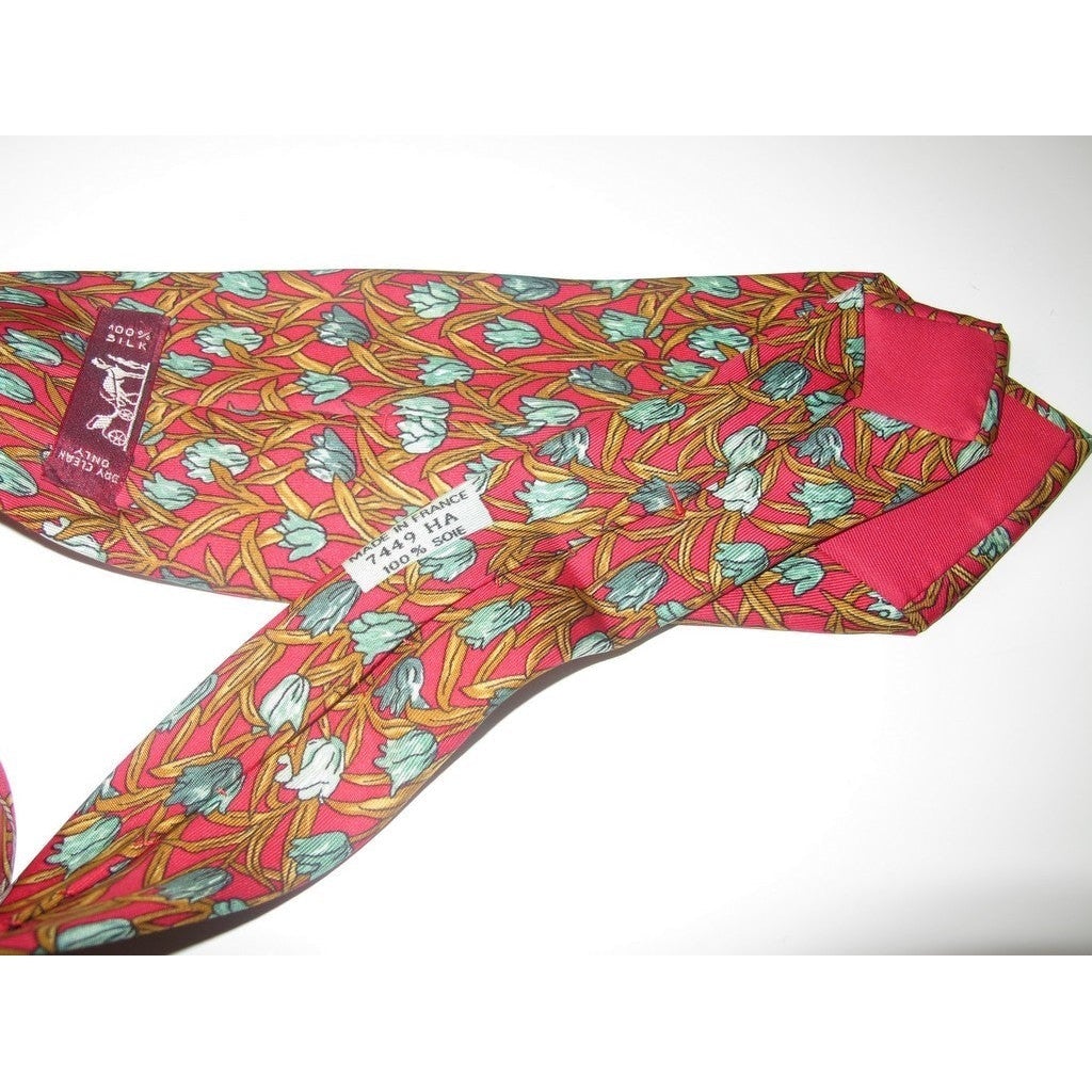 Hermes Red Flowers Twill Silk Tie, Nr 7449 HA - poupishop