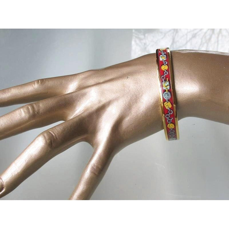 Hermes Red Gold Links Printed Enamel & Gold Trim Bangle Bracelet, NIB! - poupishop