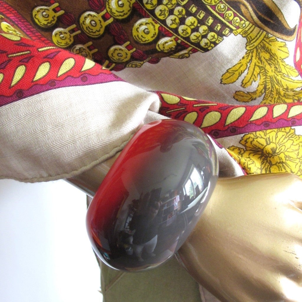 Hermes Red/Brown/Grey Laquered Wood Bangle Bracelet GM, New! - poupishop