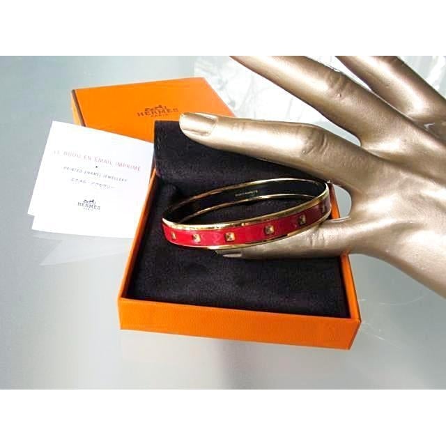 Hermes Red/Gold Medor Printed Enamel/Gold Bangle Bracelet, NIB! - poupishop