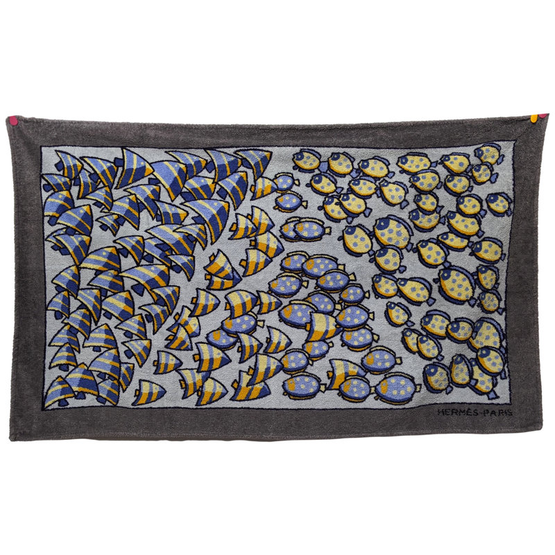 Hermes Vintage Gris/Bleu/Jaune Cotton Terry "Rencontre Oceane" Fish Beach Towel 90 x 150 cm