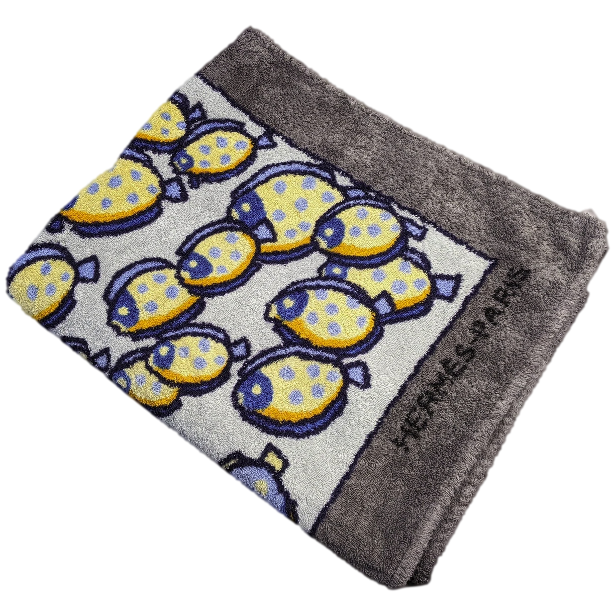Hermes Vintage Gris/Bleu/Jaune Cotton Terry "Rencontre Oceane" Fish Beach Towel 90 x 150 cm