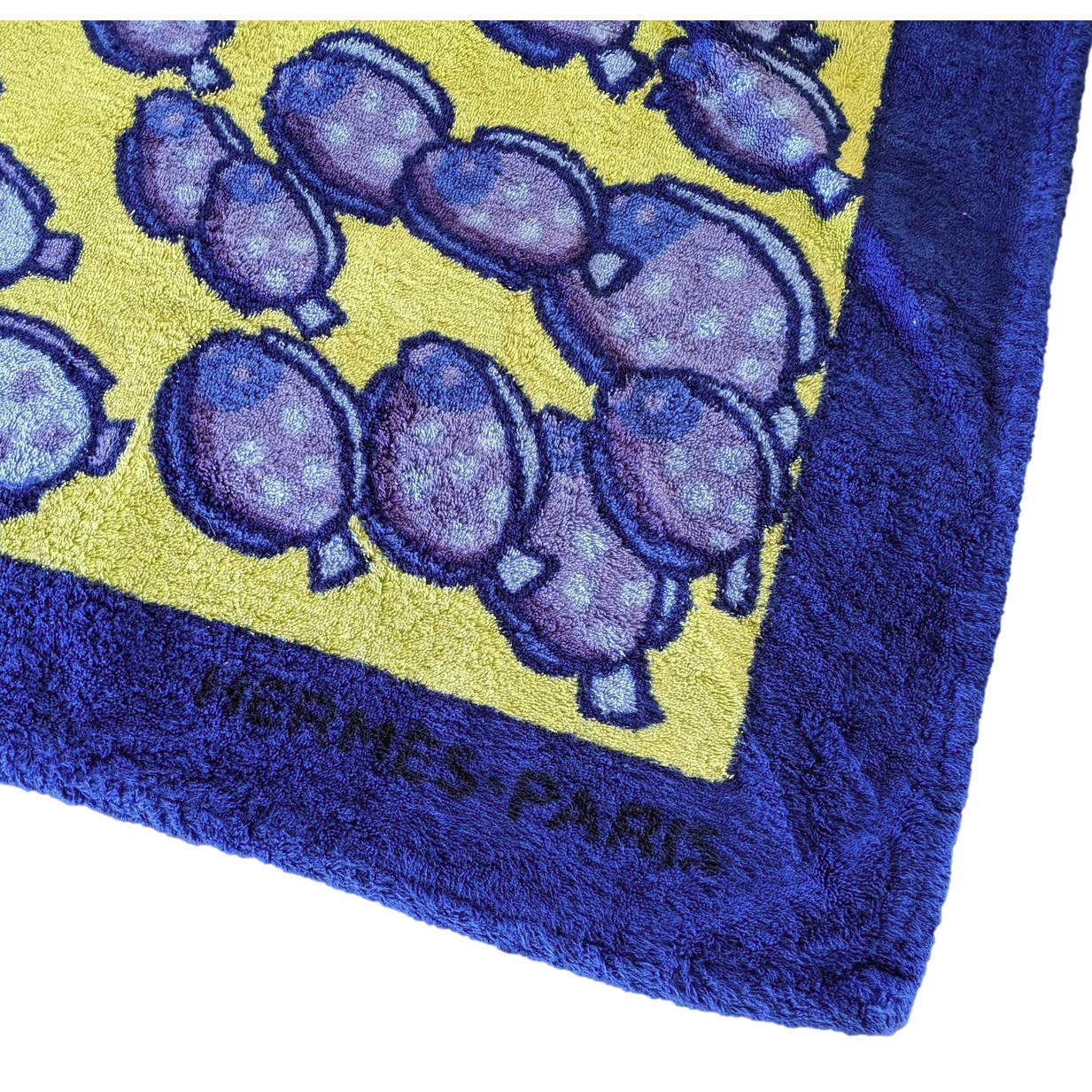 Hermes Vintage Marine/Anis/Blanc Cotton Terry "Rencontre Oceane" Fish Beach Towel 90 x 150 cm