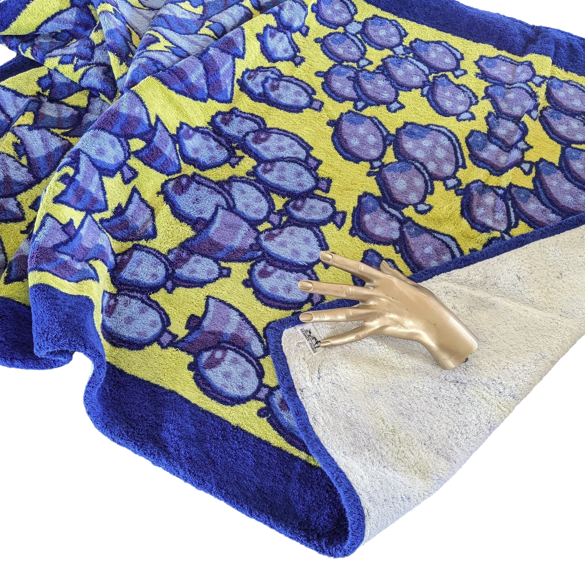 Hermes Vintage Marine/Anis/Blanc Cotton Terry "Rencontre Oceane" Fish Beach Towel 90 x 150 cm
