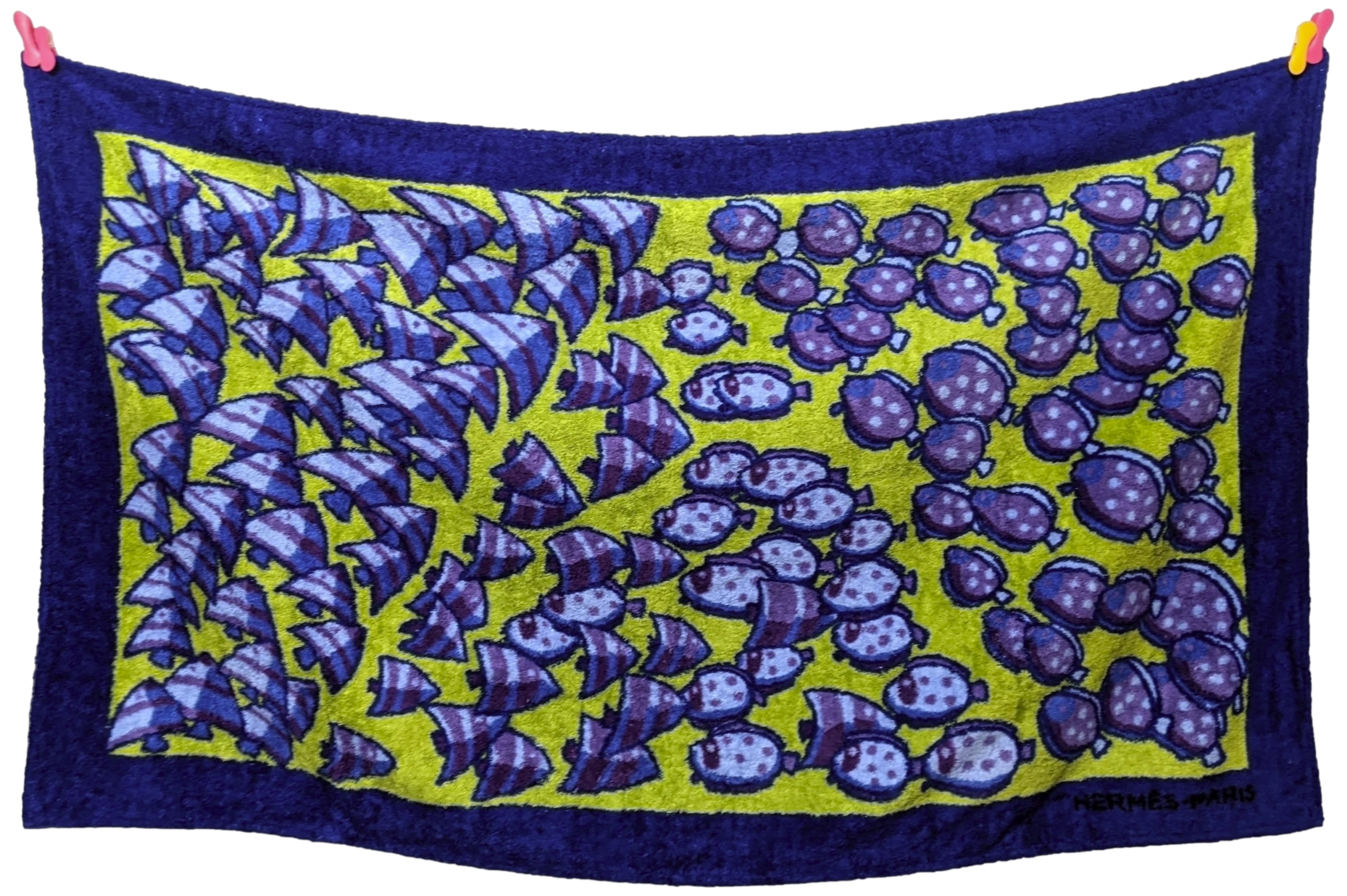 Hermes Vintage "Rencontre Oceane" design by Annie Faivre Fish Terry Beach Towel 90 x 150 cm