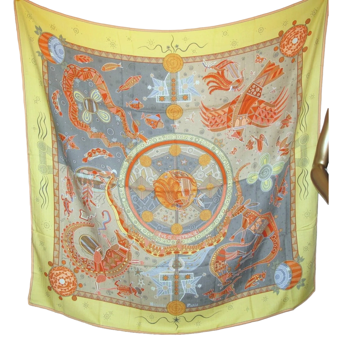 Hermes 2000 Jaune/Celadon/Corail REVE D'AUSTRALIE by Zoe Pauwels Cashmere Shawl 140