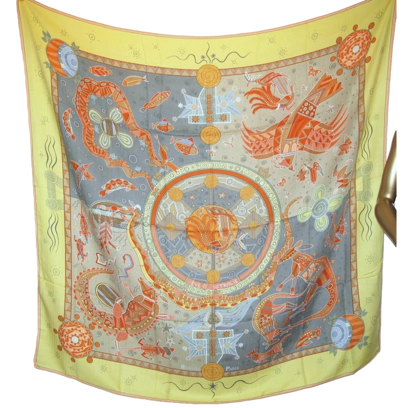 Hermes 2000 Jaune/Celadon/Corail REVE D'AUSTRALIE by Zoe Pauwels Cashmere Shawl 140