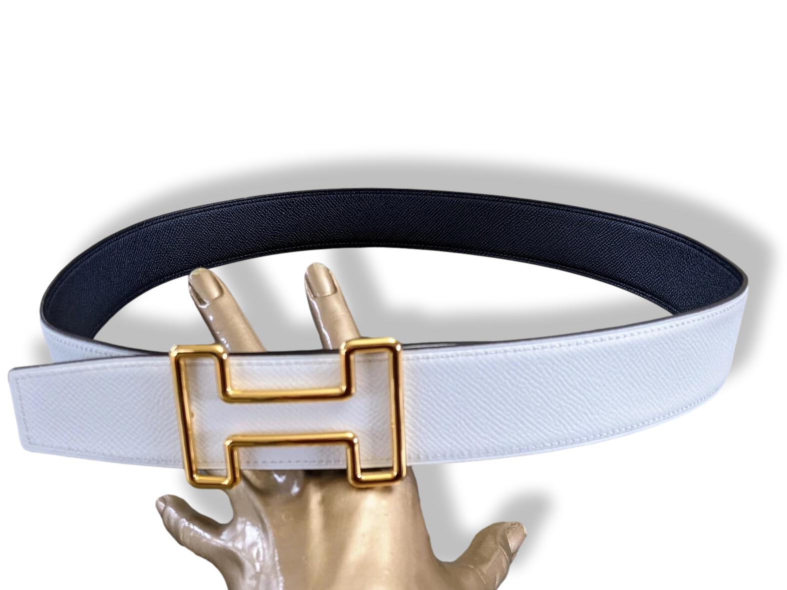 Hermes [202] Bleu Indigo/Blanc Veau Epsom & Epsom Reversible Leather Belt Strap 38 MM
