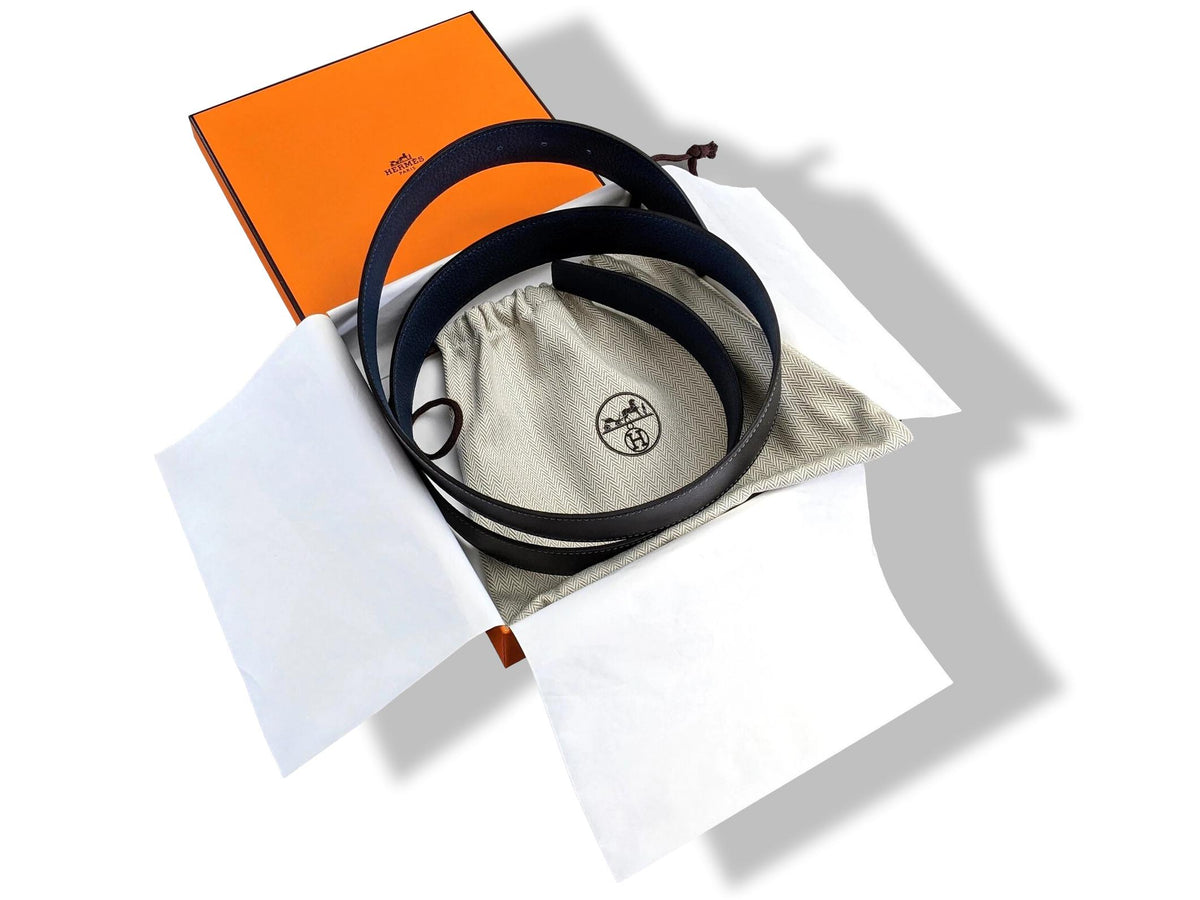 Hermes [203] Graphite/Bleu de Prusse Veau Box & Togo Reversible Leather Belt Strap 38 MM