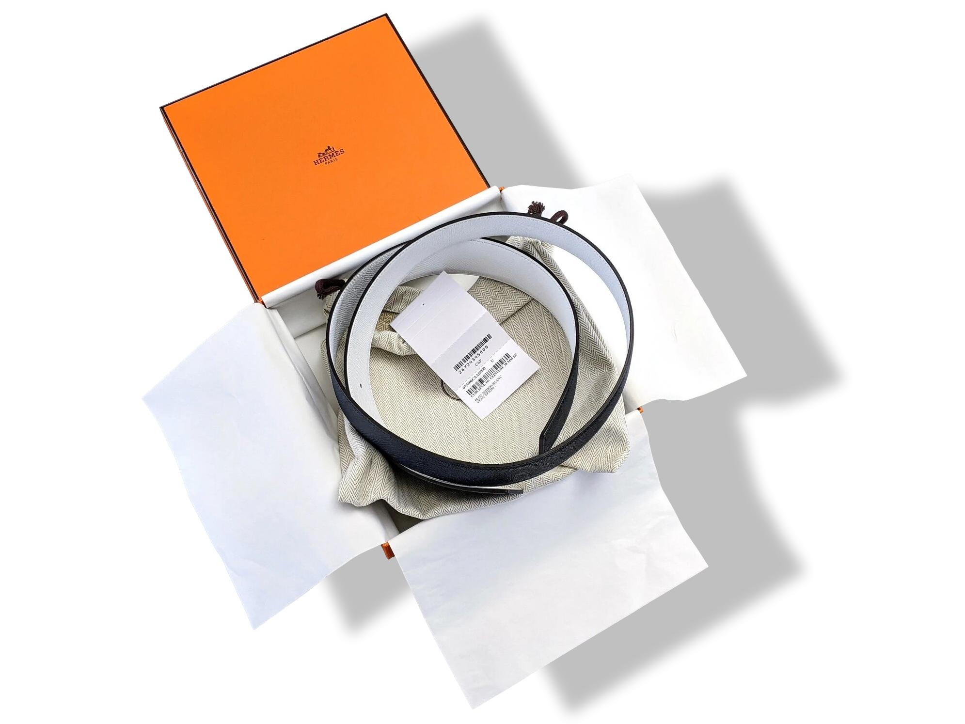 Hermes [202] Bleu Indigo/Blanc Veau Epsom & Epsom Reversible Leather Belt Strap 38 MM