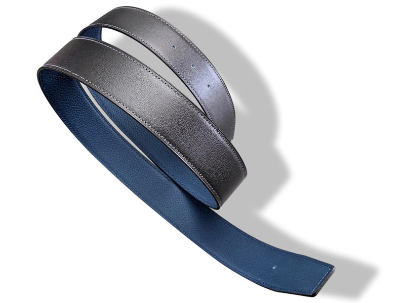 Hermes [203] Graphite/Bleu de Prusse Veau Box & Togo Reversible Leather Belt Strap 38 MM
