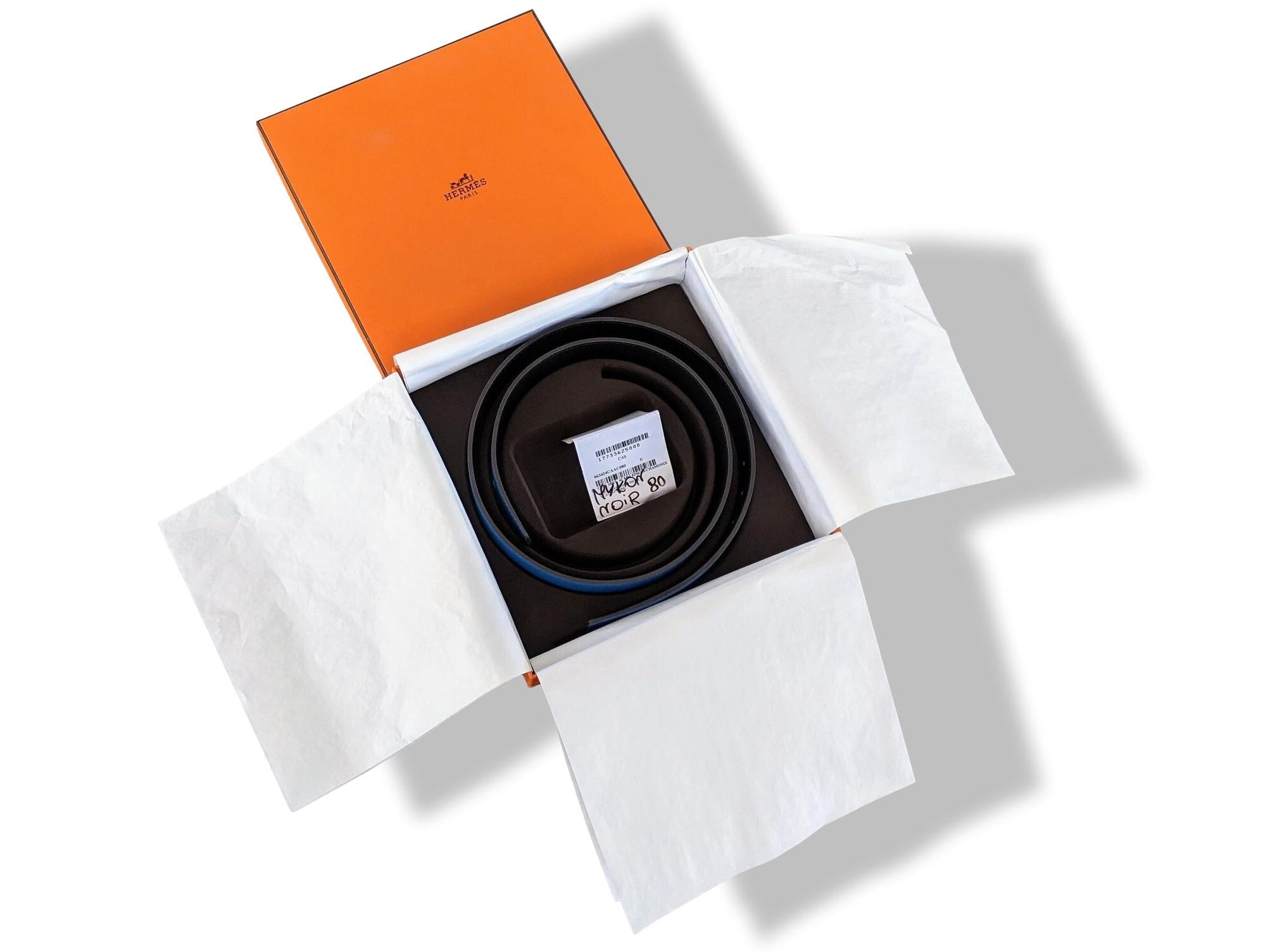 Hermes [130] Noir/Bleu Mikonos Veau Chamonix & Epsom Belt Strap 42 MM, BNWTIB!
