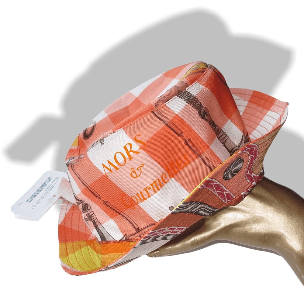 Hermes Robe du Soir & Mors et Gourmettes Vichy Printed Silk Reverso Bucket Hat, Sz57, NWT! - poupishop