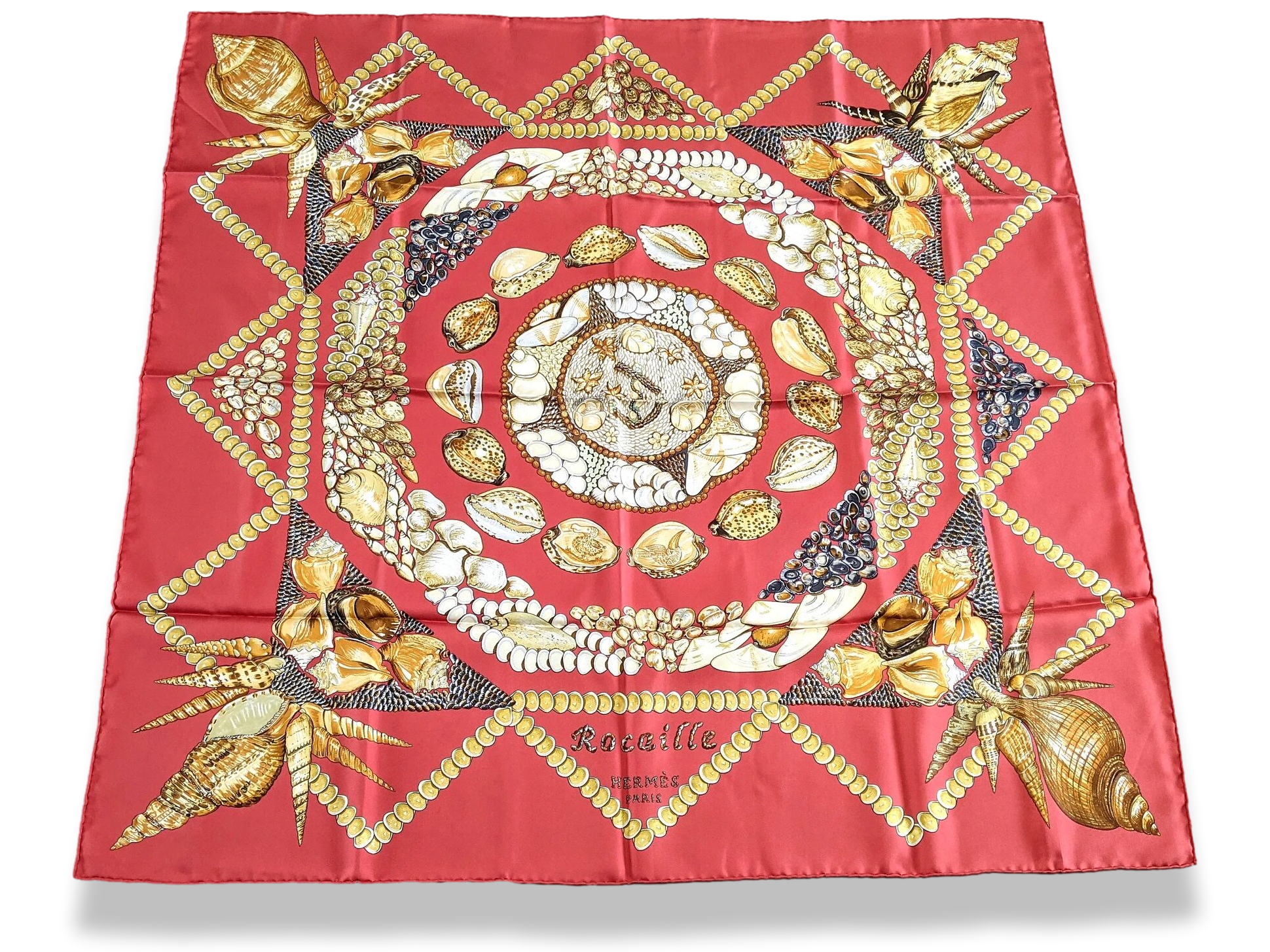 Hermes 2006 Red Rocaille by Valerie Dawlat Blanc Matt Overprint Twill 90, Mint in Box!