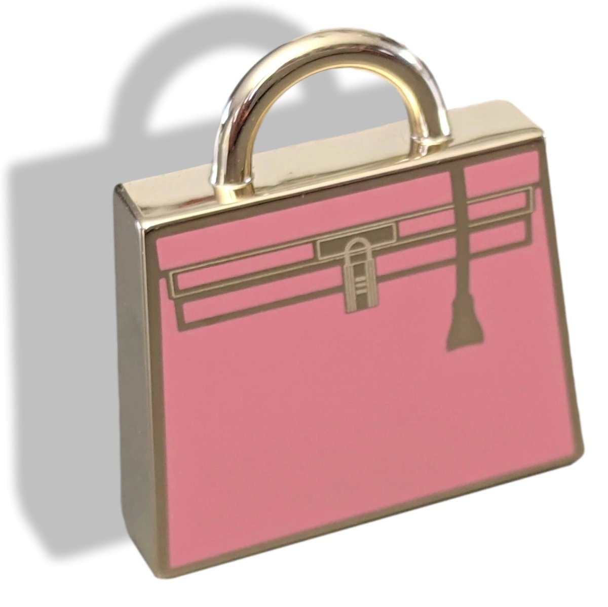 Hermes Rose Azalee Enamel/Permabrass "Curiosite Kelly Bag" Curiosity Lacquer Amulette Pendant Charm, New in Pochette! - poupishop