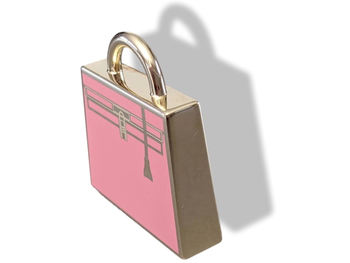Hermes Rose Azalee Enamel/Permabrass "Curiosite Kelly Bag" Curiosity Lacquer Amulette Pendant Charm, New in Pochette! - poupishop