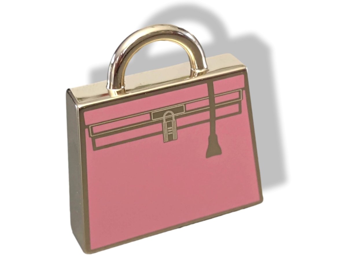 Hermes Rose Azalee Enamel/Permabrass "Curiosite Kelly Bag" Curiosity Lacquer Amulette Pendant Charm, New in Pochette! - poupishop