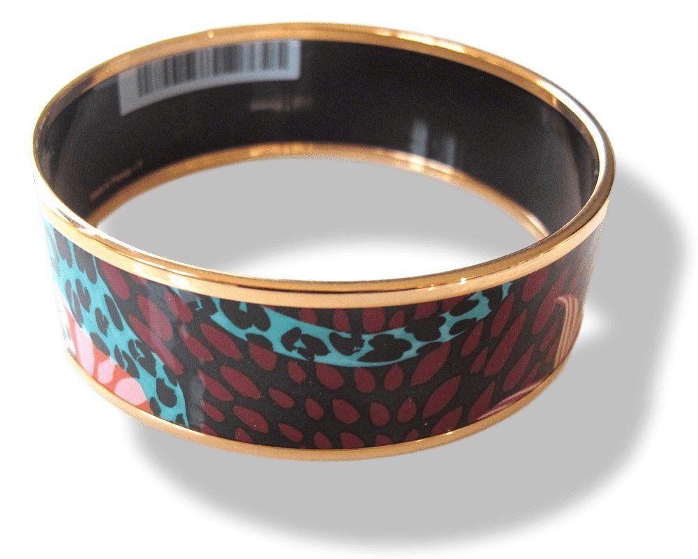 Hermes Rose Couture Enamel Gold Trim Jungle of Eden Wide Bangle Bracelet Sz S/M, New! - poupishop