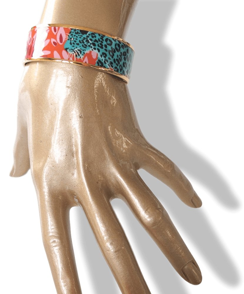Hermes Rose Couture Enamel Gold Trim Jungle of Eden Wide Bangle Bracelet Sz S/M, New! - poupishop