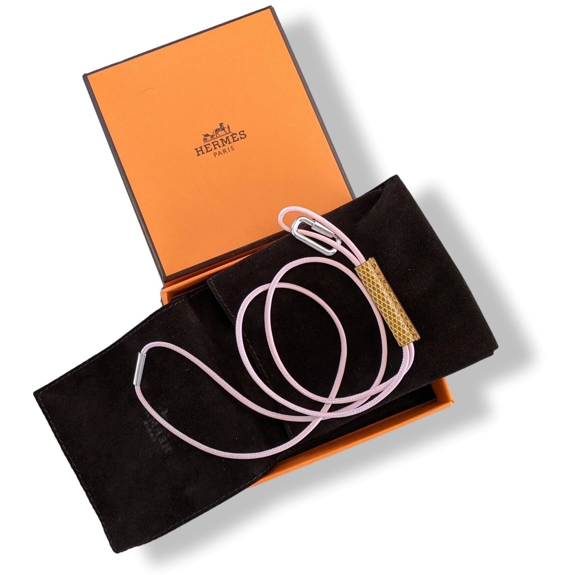 Hermes Rose/Mais Lizard/Palladium PENDANT CURIOSITE NECKLACE, Rare, BNIB! - poupishop