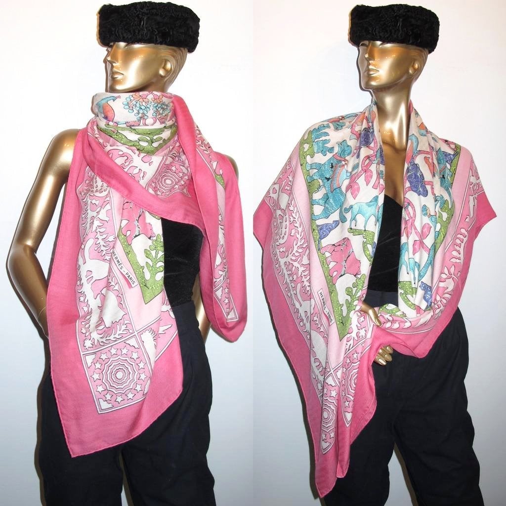 Hermes Rose/Turquoise/White/Emerald Early America Cashmere Shawl 140 - poupishop