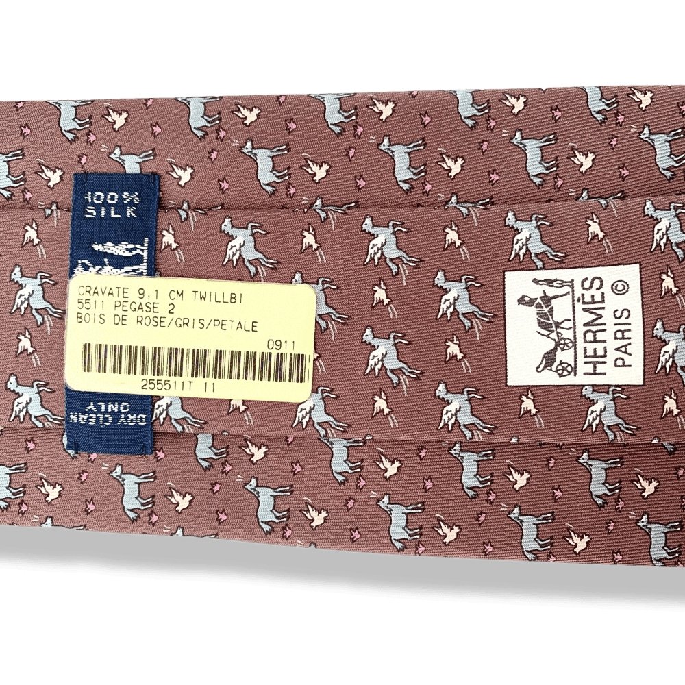 Hermes Rosewood Grey Petale PEGASE 2 TWILLBI Twill Silk Tie 9CM, NWT in Pochette! - poupishop